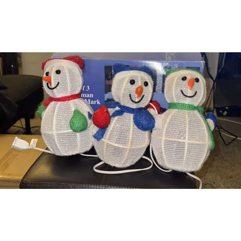 Set Of 3 Light Up Snow Man Patchy Way Marks Includes Ground Stakes